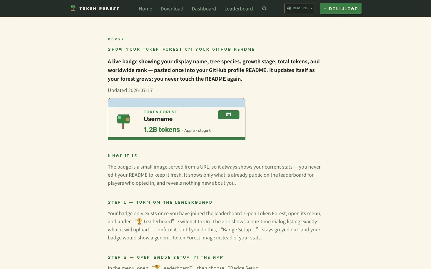 Token Forest 官网 README 徽章页与示例徽章截图